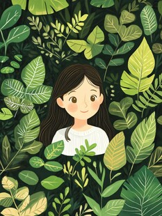 女孩置身繁茂绿植间