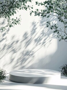 绿植环绕的简约白色展示台