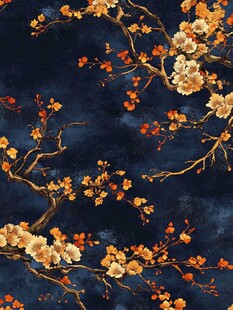 深蓝底繁花似锦花枝图
