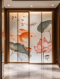 中式玄关 金鱼荷花艺术墙