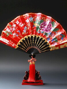 中式繁花红折扇精美摆件