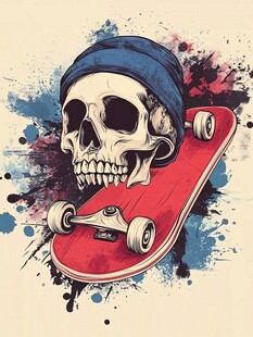骷髅头与滑板的街头艺术