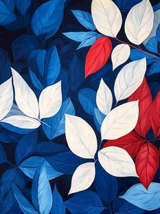 蓝红白三色叶子图案背景