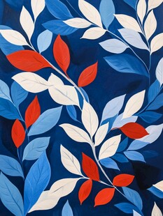 蓝底红白叶图案设计