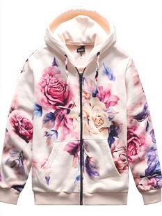 花卉印花连帽拉链卫衣