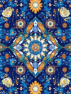 蓝底民族风花卉几何图案