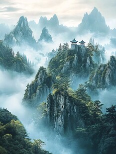 水墨奇峰间的古韵楼阁