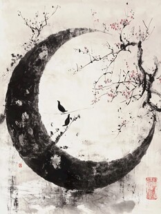 墨韵新月栖鸟图