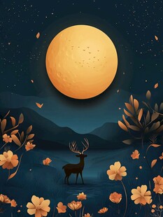 月夜下的鹿与烂漫花丛