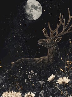 月夜下的麋鹿与烂漫花卉