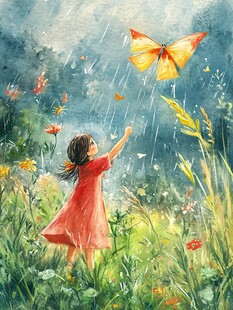 雨中红衣女孩放飞蝴蝶风筝