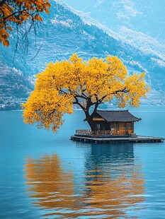 湖心孤树小筑秋景如画