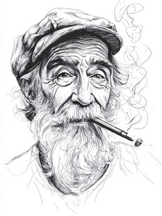 抽烟的沧桑老者素描