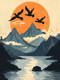 落日群山飞鸟湖景图