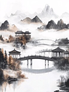 水墨山水间的古典桥亭之景