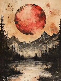 红月映山林的奇幻景致