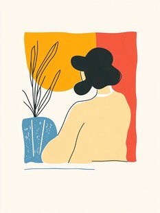 背影女子与窗边绿植