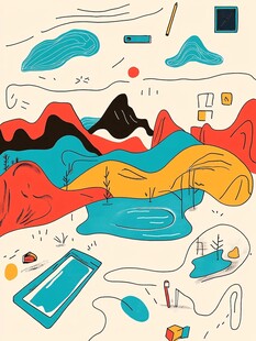 手绘风格的多彩山水场景