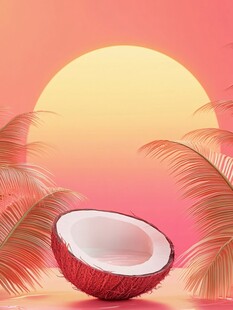 夕阳下的椰果与棕榈叶