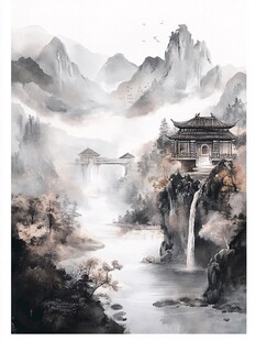 水墨山水间的古韵楼阁