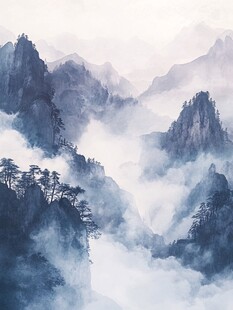水墨云雾中的巍峨山峦