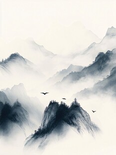 水墨山水间飞鸟翱翔