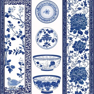 青花瓷餐具及花卉图案设计