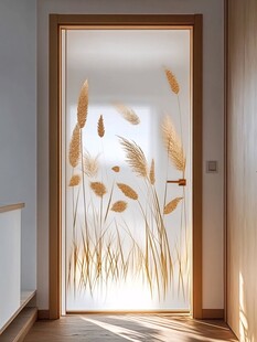 玻璃门上的金色芦苇装饰画