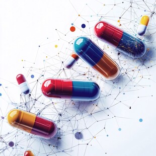 多彩胶囊与网络状背景图案