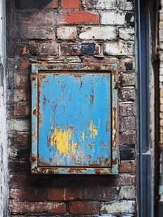 旧砖墙的蓝色生锈铁箱