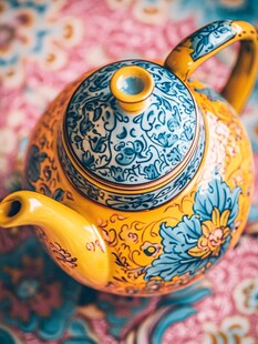 精美手绘花纹黄色茶壶