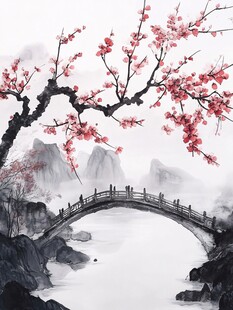 水墨红梅桥畔山水图