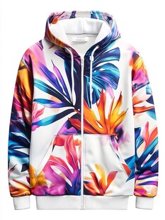 彩色花卉图案连帽拉链卫衣