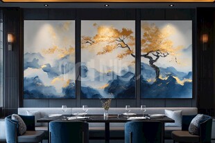 中式餐厅的山水金树挂画