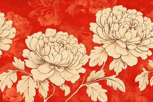 红色底纹上的精致牡丹图案