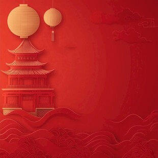 中式红背景下的灯笼与楼阁