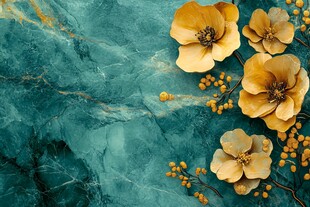 蓝绿底色上的金色花卉图案