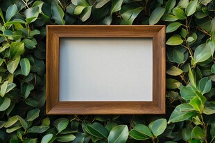 木相框置于绿叶背景中