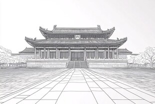 中式古建筑手绘线条图