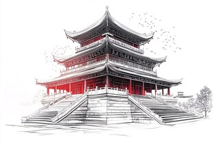 中式古风阁楼建筑手绘图