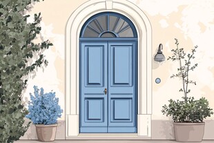 蓝色拱形门旁的绿植景致