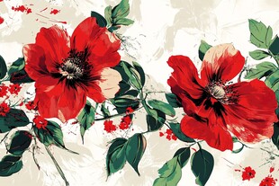 手绘红花朵绿叶花卉图案