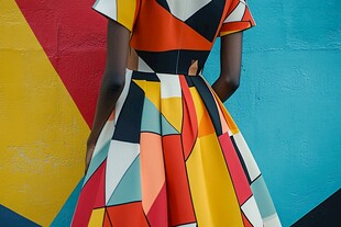 彩色几何图案连衣裙背影