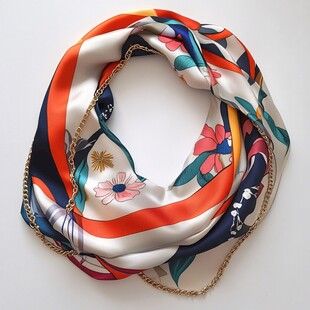 多彩印花丝巾配金色链条