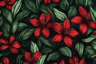 红色花卉绿叶无缝图案