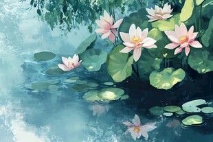 水墨风池塘荷花美景图