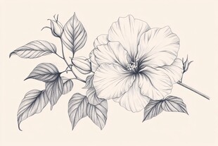 手绘木槿花枝叶线条画