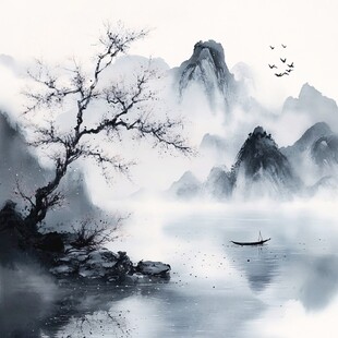 水墨山水间的孤舟静景