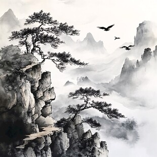 水墨山水间的苍松与飞鸟