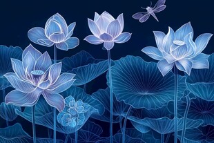 梦幻蓝调荷花与蜻蜓图景